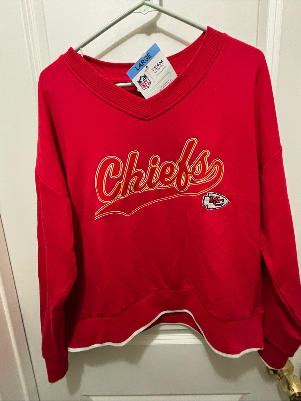 NFL Kansas City Chiefs Red V-Neck Sweatshirt with Embroidered Script